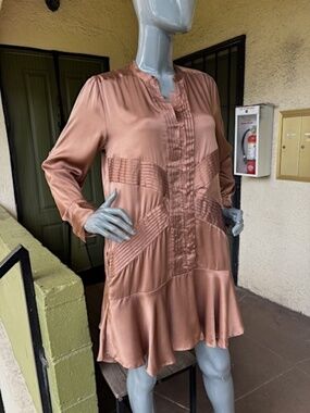 $395 FLANNEL AUSTRALIA Silk Long-Sleeve Shift Dress w/ Flounce Hem NWOT/sz 1